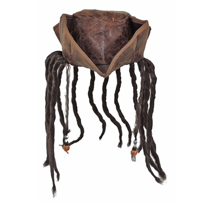 Distressed Brown Carribean Pirate Costume Tri-corn Hat Adult With Dreadlocks