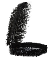 Roaring 20's Black Sequined Showgirl Flapper Headband with Feather