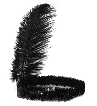 Roaring 20's Black Sequined Showgirl Flapper Headband with Feather