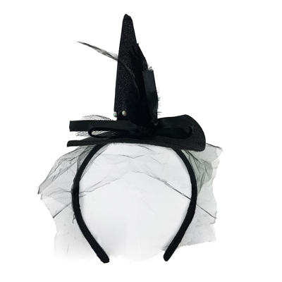 Black Mini Witch Hat Headband With Feathers Faux Pearls & Attached Veil