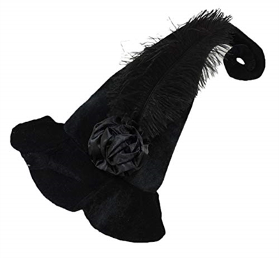Black Velvet Witch Hat With Attached Rose and Feather