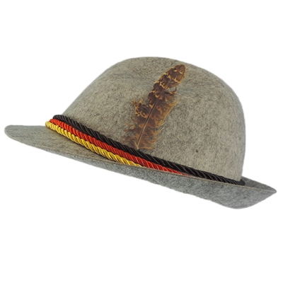 Light Grey Felt Alpine Oktoberfest German Bavarian Costume Hat w/ Feather