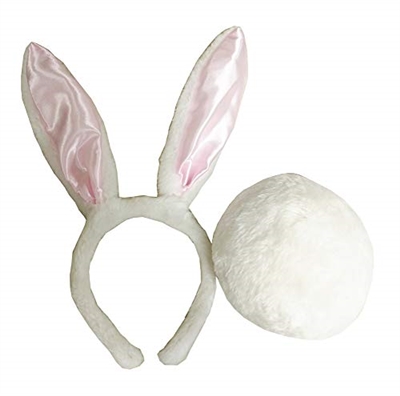 White & Pink Bunny Ears Headband with Fluffy Tail