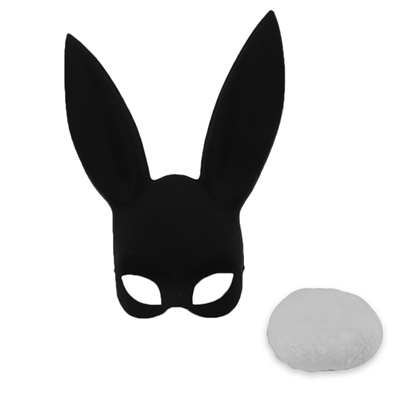 Adult Deluxe Sexy Black Bunny Half Mask With White Tail Set